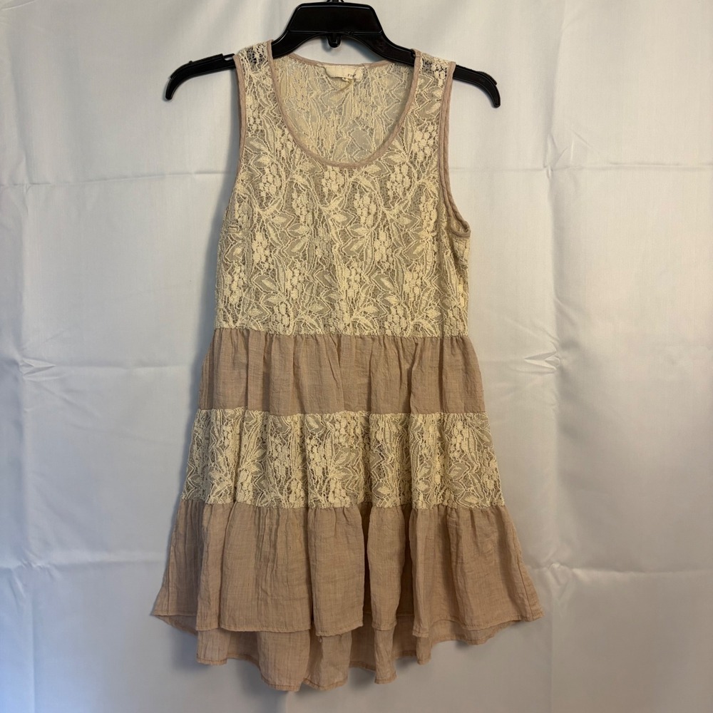 A'reve Boho‎ Lace Tiered Ruffle Mini Dress/Tunic Tan Cream ATA5001-S5F3 Small